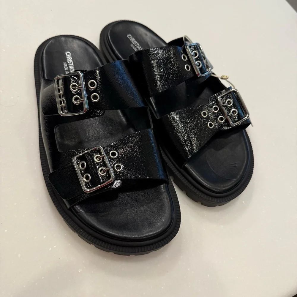Christian Di Riccio Women’s Black Patent Leather Double Buckle Sandals Sz 8.5